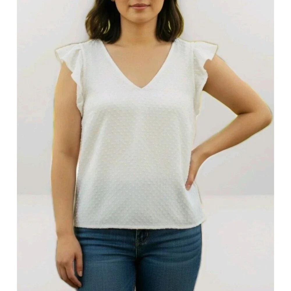 J.Crew Womens XL Ivory Swiss Dot Flutter Sleeve V Neck Top Cream Textured Blouse